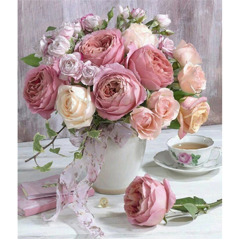 Розовые розы цветы в вазе 5D алмазная картина полная Дрель Стразы Вышивка