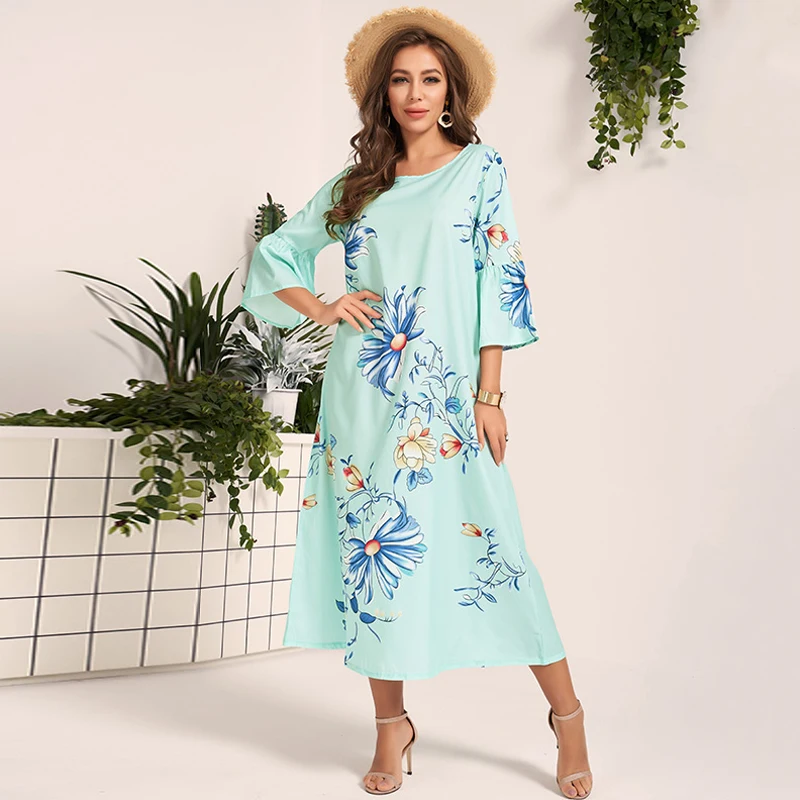 

2022 New Summer Dress Women Green Sweet Blue Floral Print O-neck Ruffle Flared 3/4 Long Sleeve Holiday Casual Loose Midi Dresses