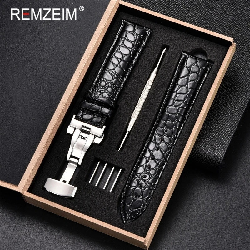 

Calfskin Leather Watchband 18mm 20mm 22mm 24mm Men Business Leather Strap Watch Band Butterfly Buckle Accessories Wristband Box