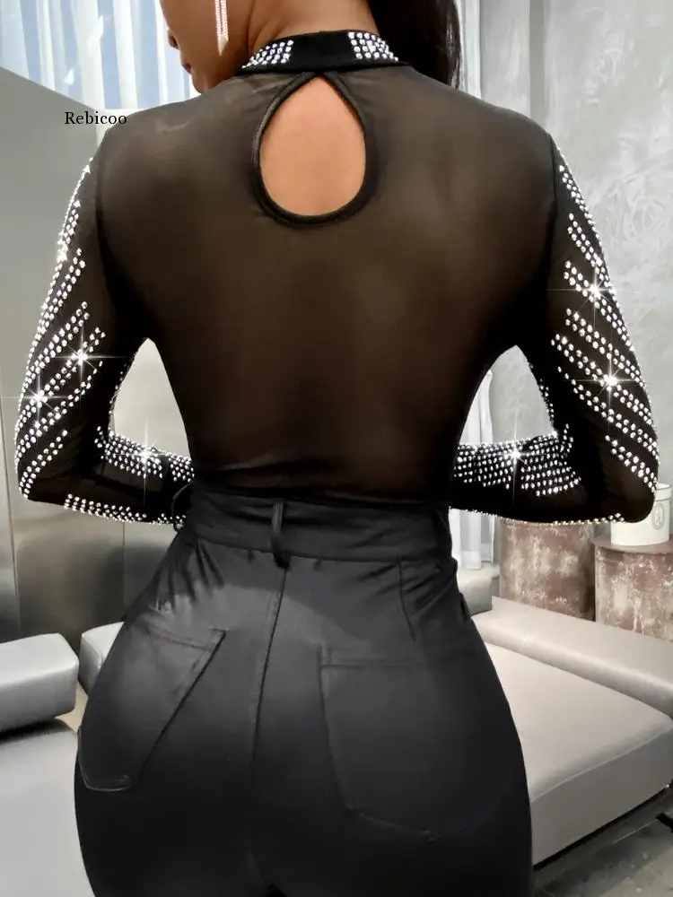 

Women Sexy Shiny Bodysuit See Through Transparent Mesh Long Sleeve Sheer Rhinestone Bodysuits