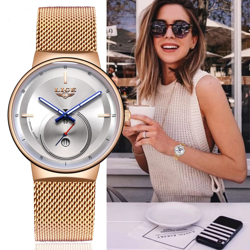 Женские кварцевые часы reloj mujer LIGE простые романтичные цвета розового золота