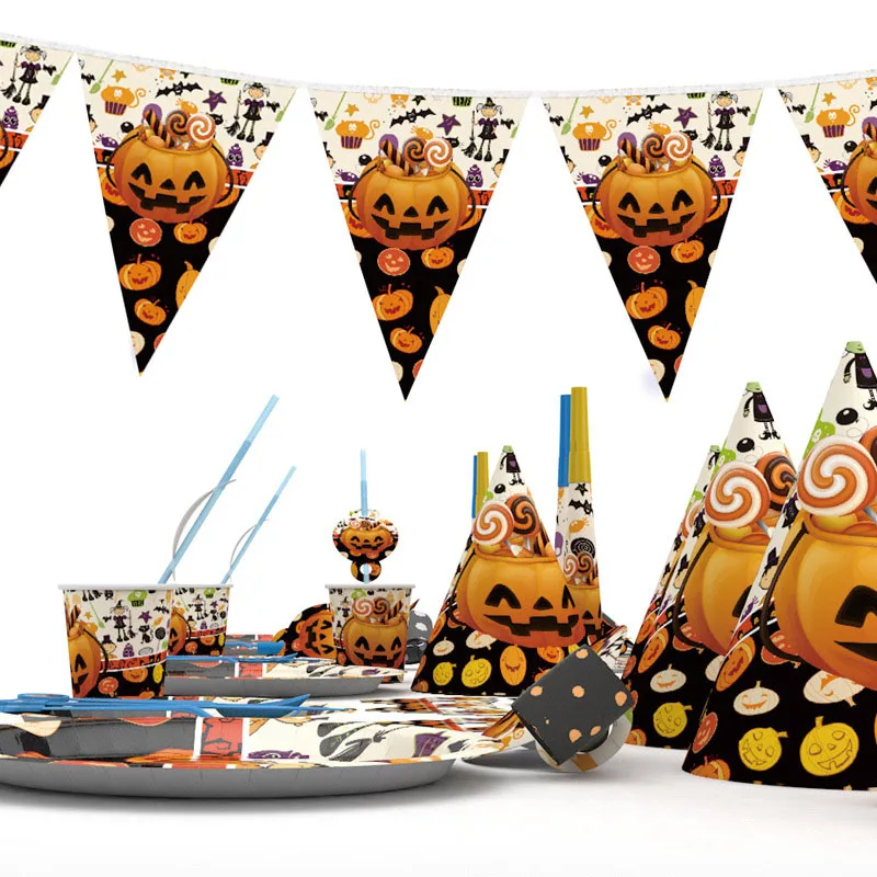 Halloween Candy Pumpkin Head Theme Creative Party Package Decoration Party Supplies Party Disposable Tableware Cup Plate