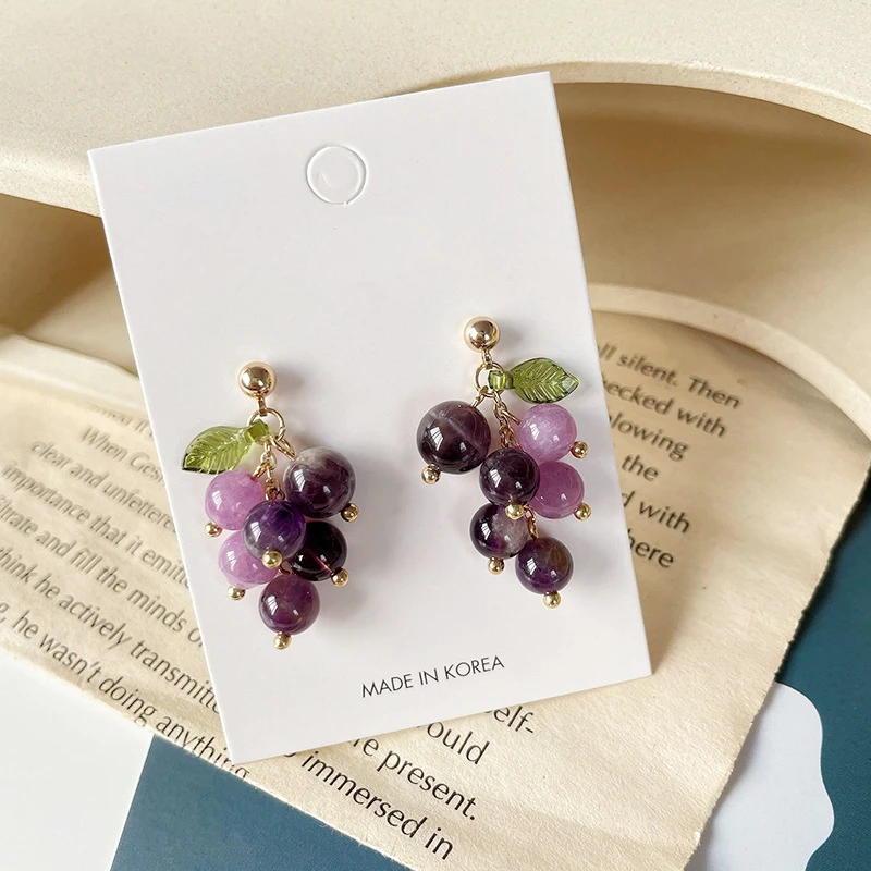 AOMU Vintage Purple Crystal Grape Leaf Earrings Sweet Reflective Smooth Irregular Geometric Ball Fruit Drop Earrings for Women