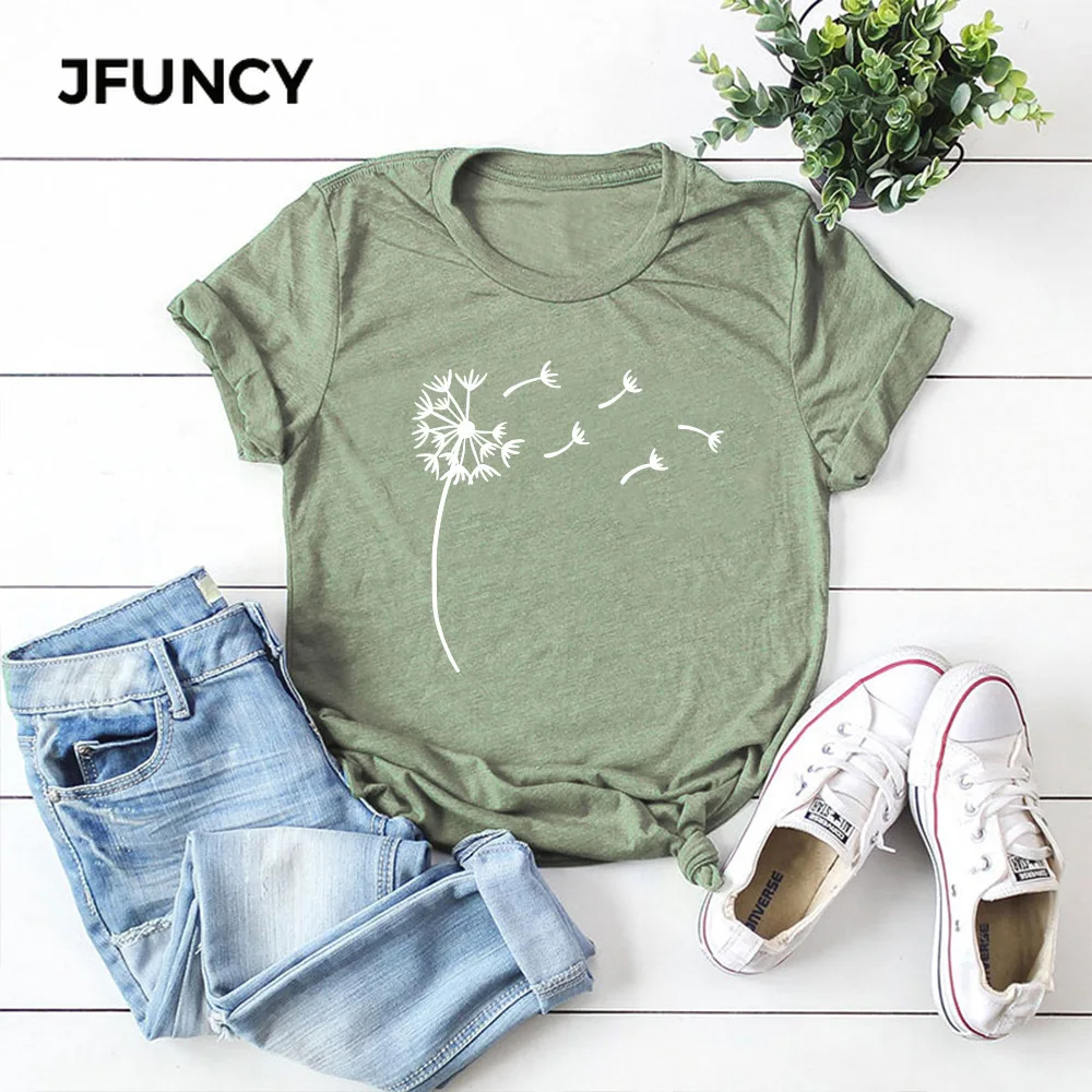 JFUNCY  Summer T-shirt Women Cotton T Shirt Dandelion Printed Tshirt Short Sleeve Loose Woman Tops Female Tee Shirt