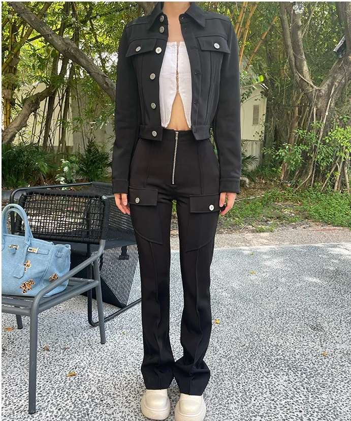 

2021 Autumn and Winter Tooling Style Short Coat +long Trousers Set Women's Solid Color Two-piece Pants Suit