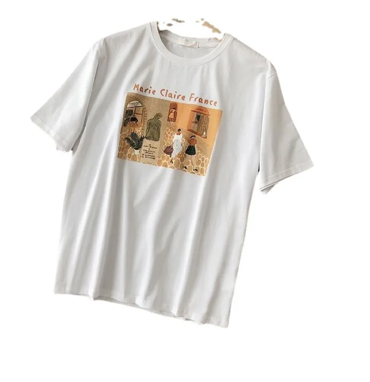 

Cute Women Cotton T Shirts Painting Pattern Graphic Tees Short Sleeve Kawaii Summer Tops Loose Streetwear Female