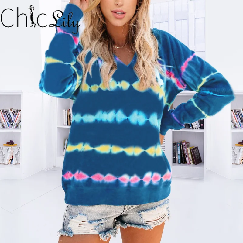 

Chiclily Tie-dye Heartbeat Print Hooded Sweatershirt Autumn and Winter Casual Loose Sports Women Hoodies Fashion Tops