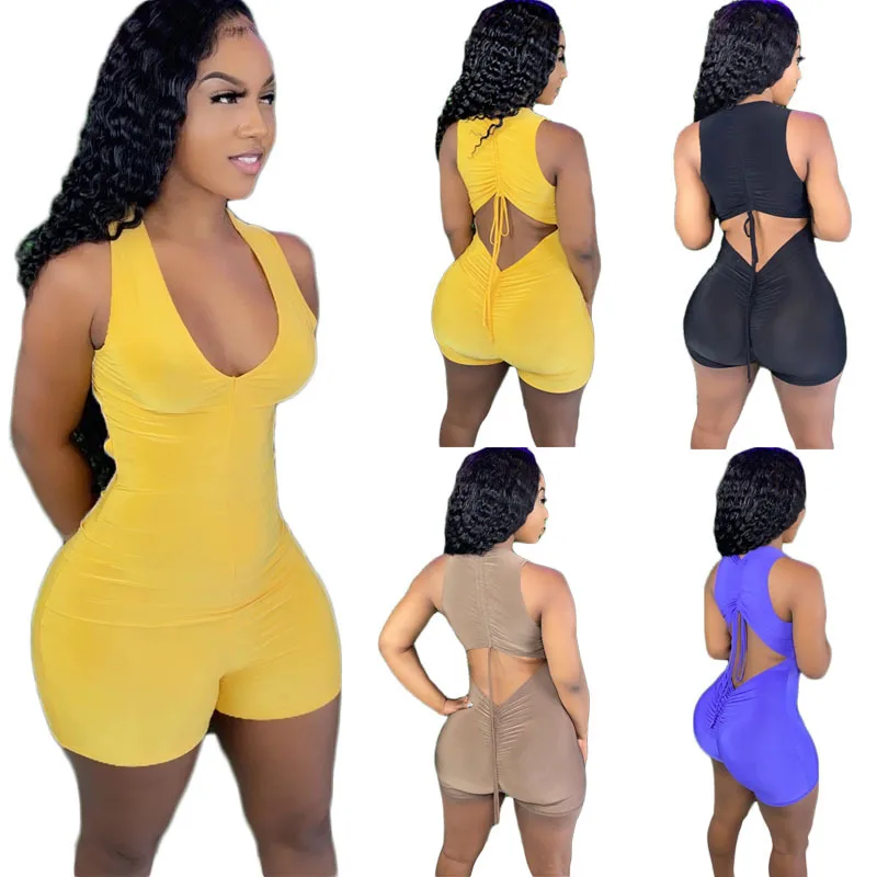 

2021 European and American Hot Models Solid Color Sexy Slim Short-Sleeved Pleated Hollow Women's Jumpsuit