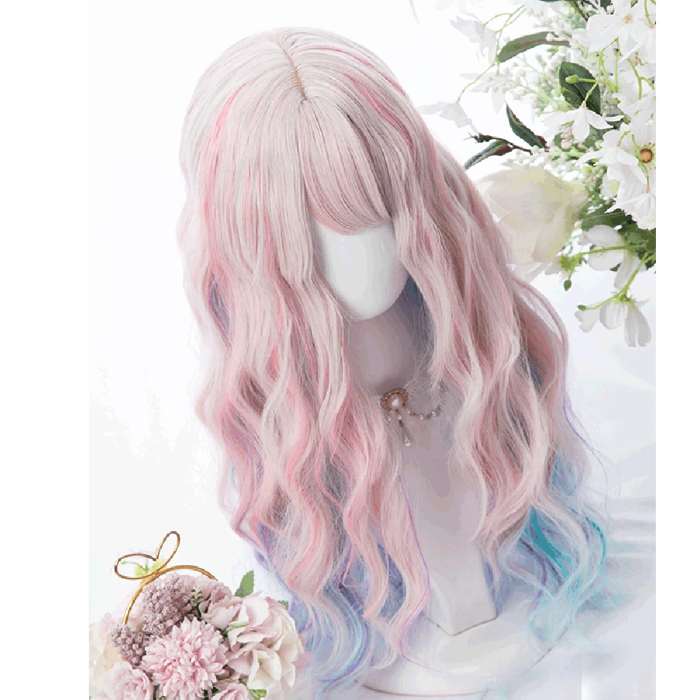 

Cosplay Mix 67CM Long Curly Hair Bangs Lolita Mix Pink Blue Ombre Japan Cute Christmas Halloween Party Synthetic Cosplay Wig+Cap