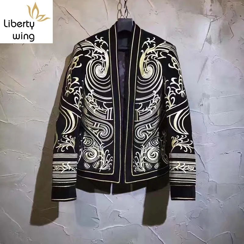 Brand Autumn Men Blazer Designer Embroidery Long Sleeve Suit Jacket Court Style Party Wedding Coat Club Stage Singer Clothes |