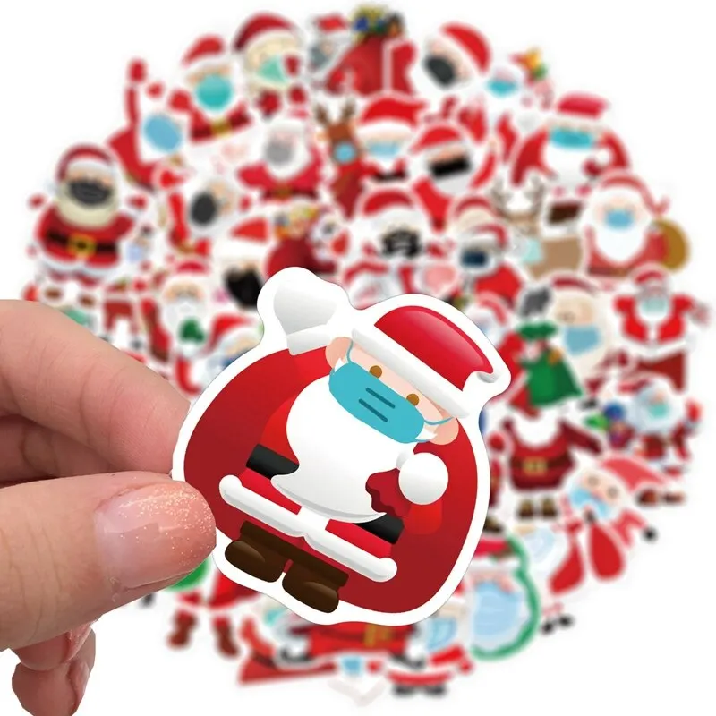 

50PCS HD Printed Cute Merry Christmas Stickers Santa Claus with Face Mask Sealing Label for Xmas Holiday party Gift Decoration