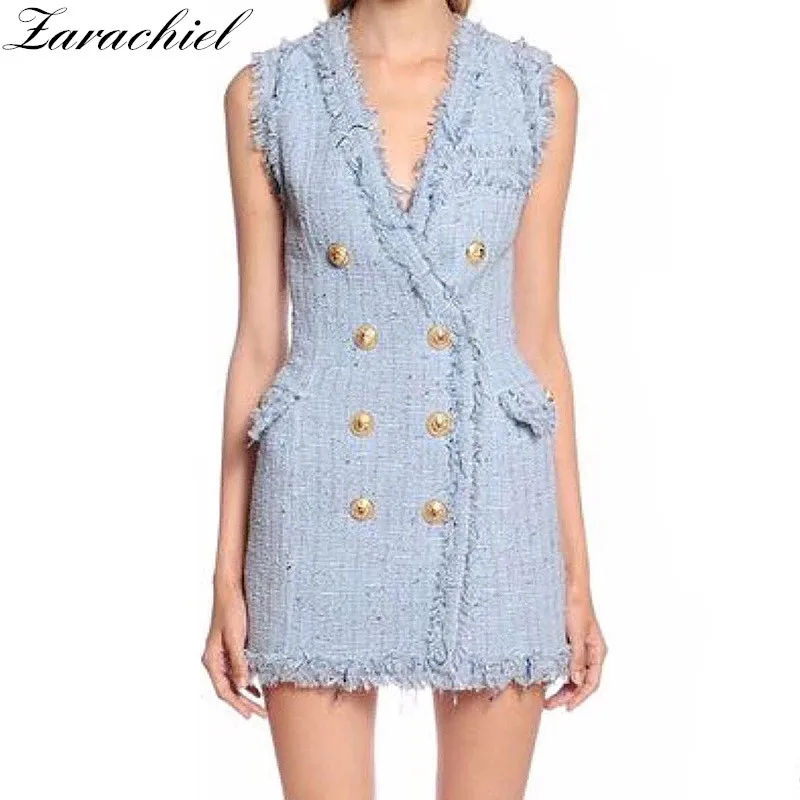 Женское твидовое платье с бахромой дизайнерское подиумное двубортное без