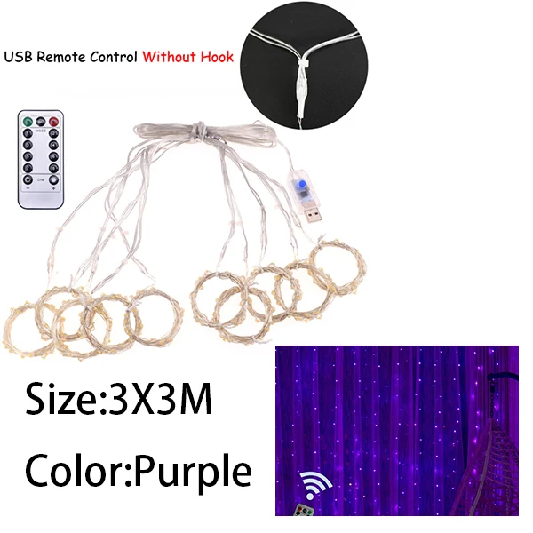 3X3M purple Сказочная светодиодная гирлянда-штора, гирлянда, гирлянда, 3x3 м, Рождественский декоративный светодиодный гирлянда, рождественские вечерние, для сада, свадьбы, спальни, INS, перья, свет - Испускаемый цвет: 3X3M purple