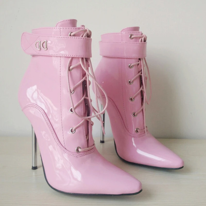 Harga Sepatu Bot Semata Kaki 12CM Hak Tinggi Ujung Lancip Stiletto Hak Logam Renda Sepatu Bot Dapat Dikunci Seksi Dengan Kunci Ukuran 36-46