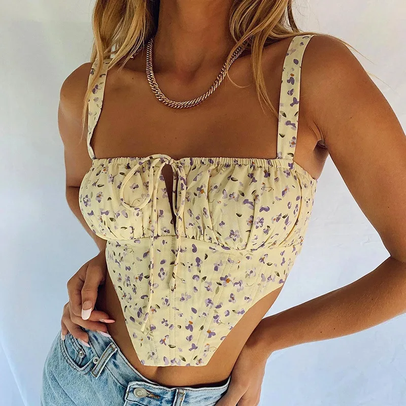 

Floral Corset Women Sweet Print Hollow Up Tie Up Sexy Crop Top Summer Sleeveless Ruched Boning Bustier Casual Tank Top 2021