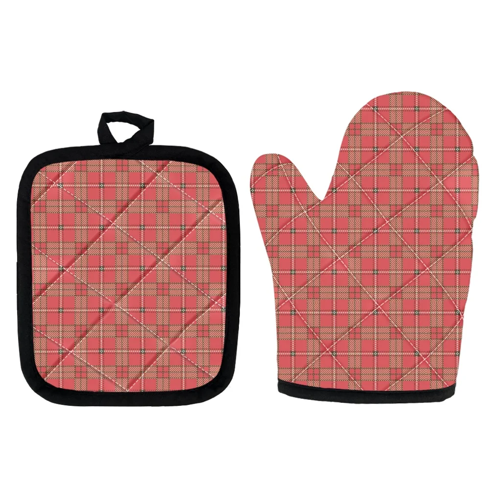 

Anti Heat Oven Glove Lattice Design Non-slip Mitten Kitchen Cooking Polyester Mitts and Pad for BBQ DIY Dessert Baking 2pcs