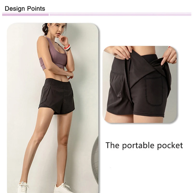 

New Women Sport Running Shorts Quick Dry High Elasticity Double Layer Yoga Shorts with Phone Pocket for Fitness Training S66