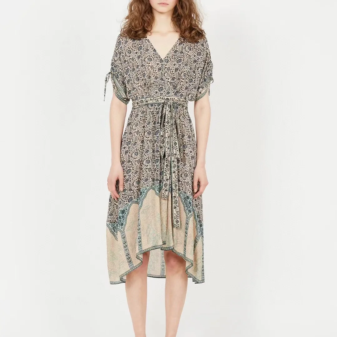 

2021 Summer French Luxury Women's V-neck Tie Printed Dress