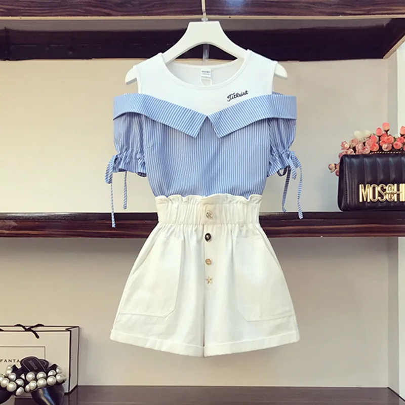 Женский дизайнерский летний комплект из 2 предметов блузка в полоску с открытыми