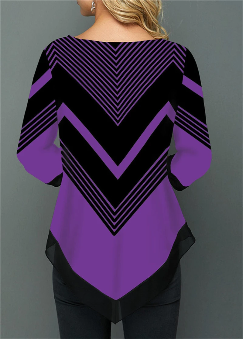 Женские футболки размера плюс полосатая печать неровный подол свинг семь рукав