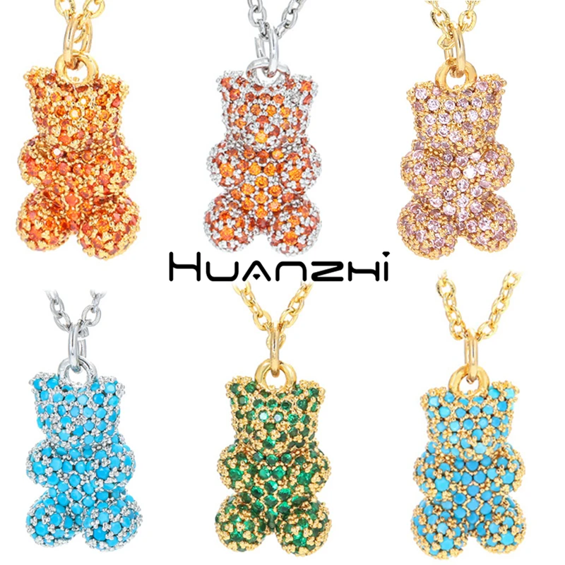 

HUANZHI 2021 Новый Многоцветный циркониевый медведь кулон металлические Полные Стразы ручной работы аксессуары для женщин девочек ювелирные из...