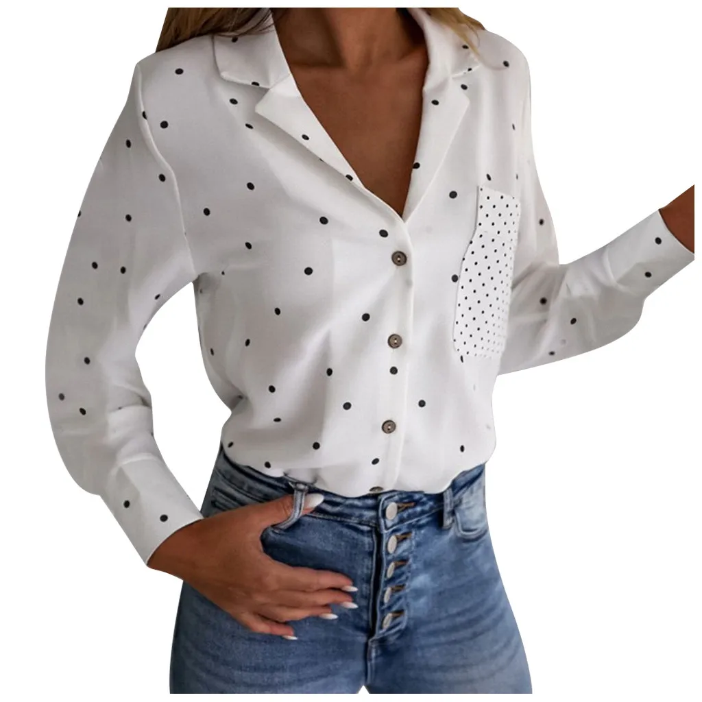 

CHAMSGEND women's blouse Polyester tunic women's Casual Dot Print Tops Button With Pocket Shirts Blouse Drop shipping CSV