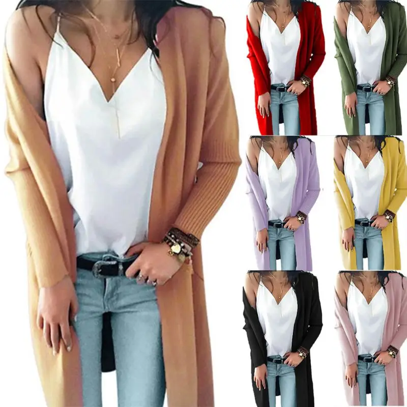 

Женский осенний кардиган с длинным рукавом и открытым спереди, однотонный трикотажный свободный свитер средней длины карамельных цветов, в...