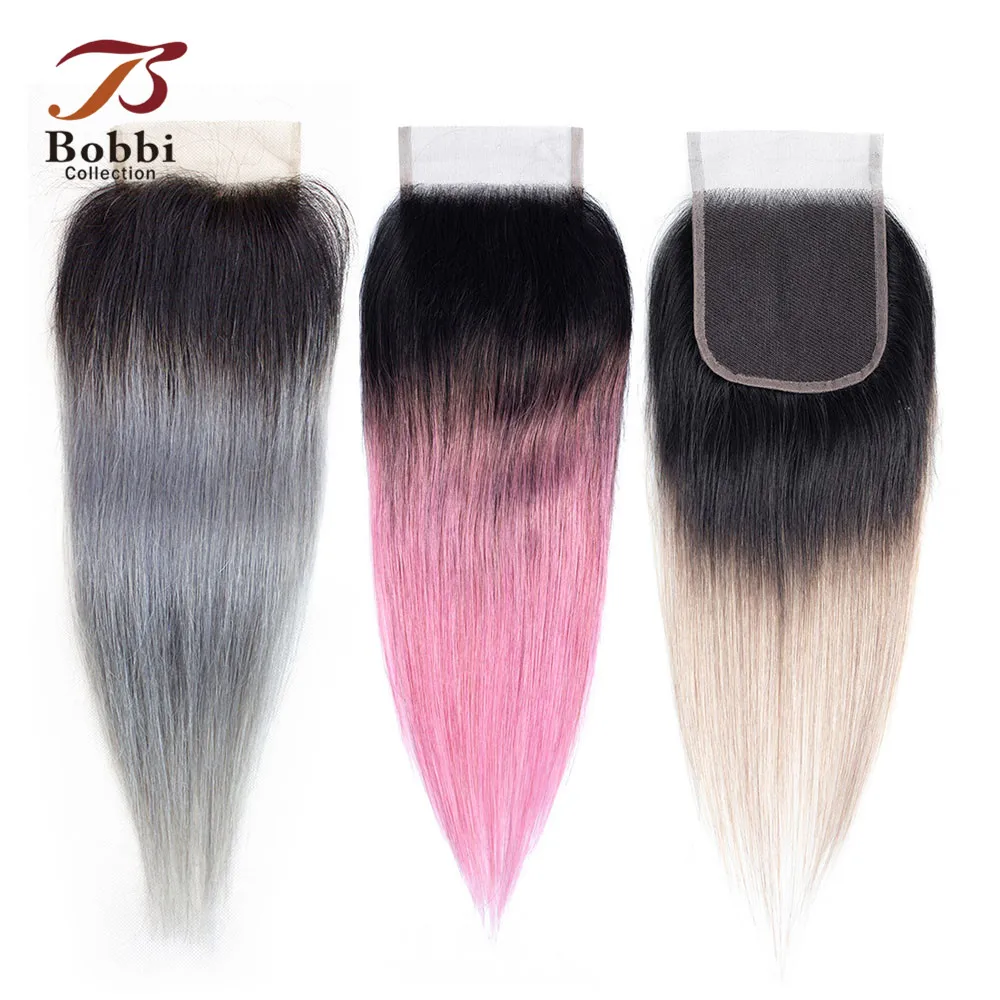 Bobbi Collection T 1B Dark Grey 4x4 Lace Closure 12 inch Brazilian Straight Hair Ombre Human Hair Remy Hair Free Middle Part