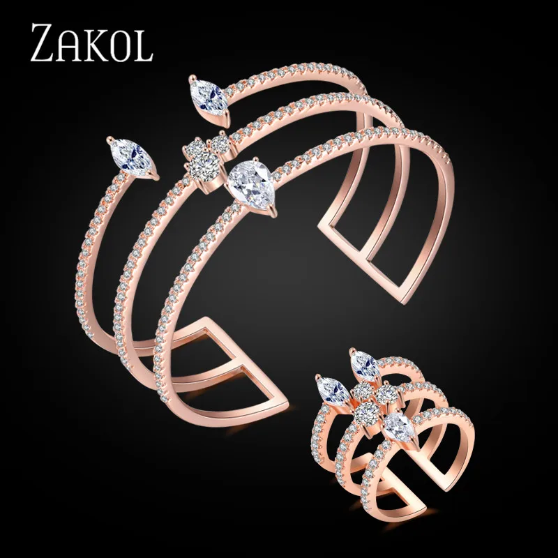 ZAKOL, Новое поступление, круглая форма, изысканные микро браслеты-манжеты, браслет и Открытое кольцо, набор для женщин, мужская бижутерия, FSSP394 - Окраска металла: Set Rose Gold