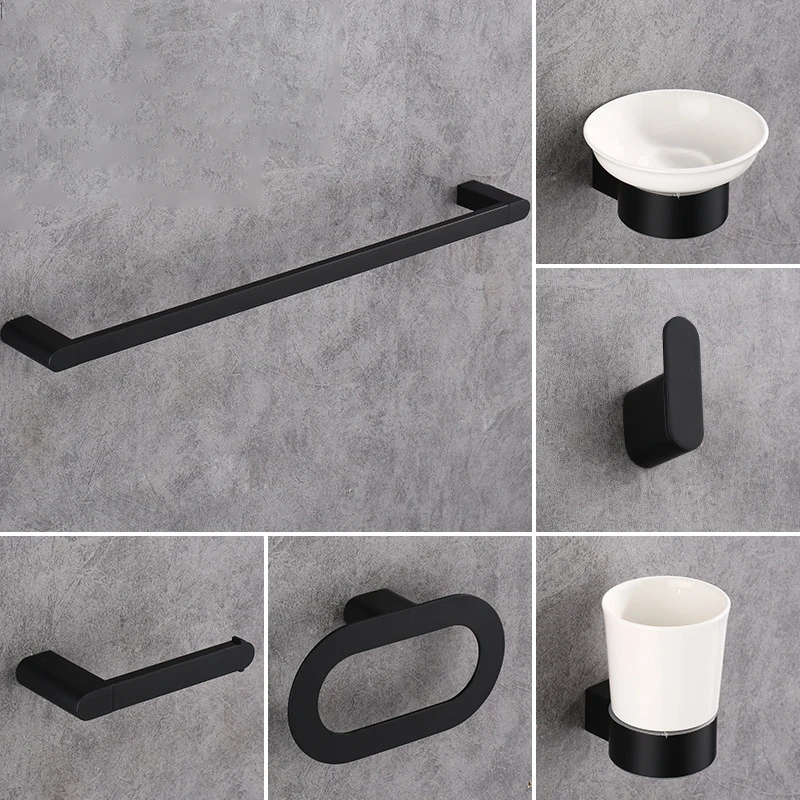 

Nordic Black Painted Zinc Alloy Towel Bar Hanger Wall Hook Tissue Ring Toothbrush Cup Holder Soap Tray Bathroom Furniture Set