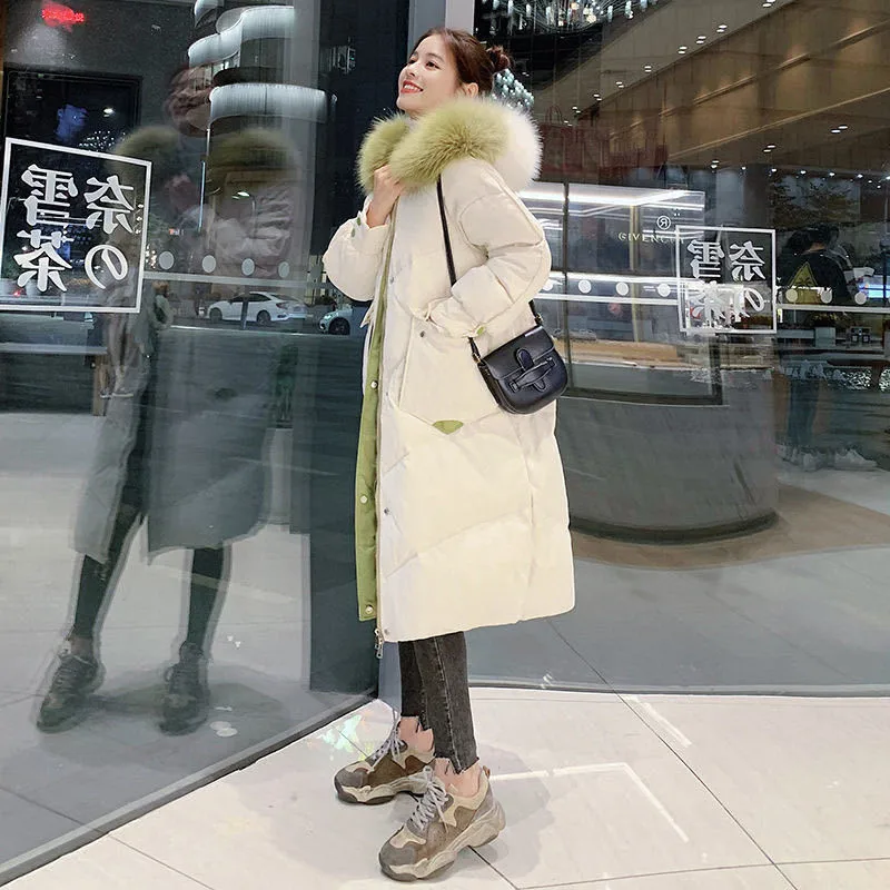 

2021 New Winter Clothes Fashion Warm Loose Down Cotton Coat Women Long Padded Outwear Hooded Big Fur Collar Jackets LR1772
