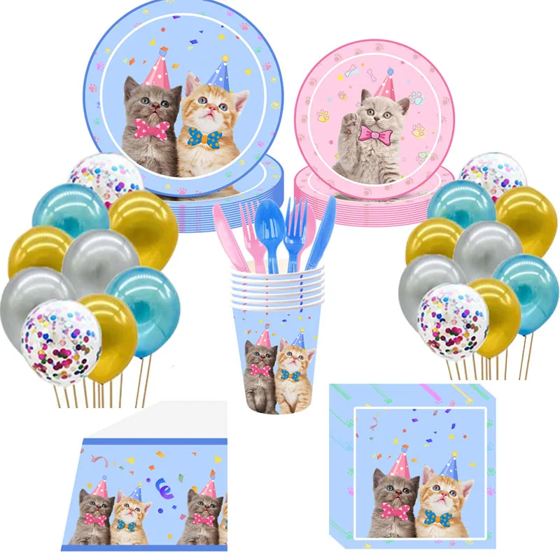 

Pet Cats Birthday Party Supplies Girl Faovr Party Decoration Disposable Tableware Napkin Tablecloth Straws Balloons Kid Gifts
