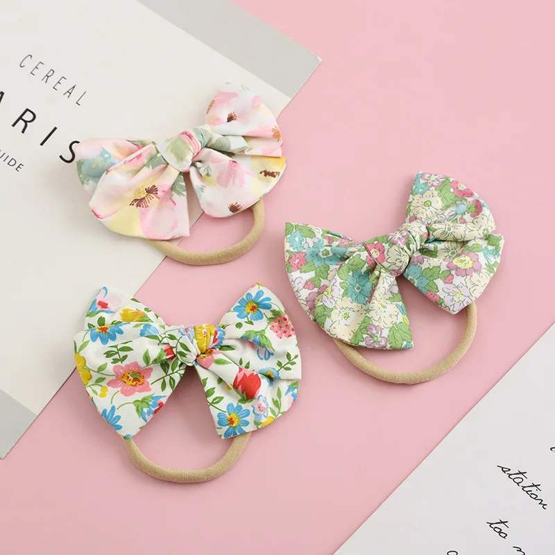 

CN Baby Girls Bows Headband Thin Soft Nylon Floral Printing Hairbands Spring Summer Head Bands Newborn Hair Accessories