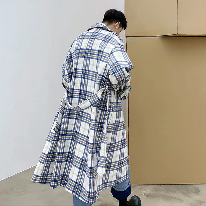 

Men Double Breasted 3\4 Long Plaid Wool Trench Coat Outerwear Male Streetwear Vintage Fashion Winter Woolen Jacket Overcoat