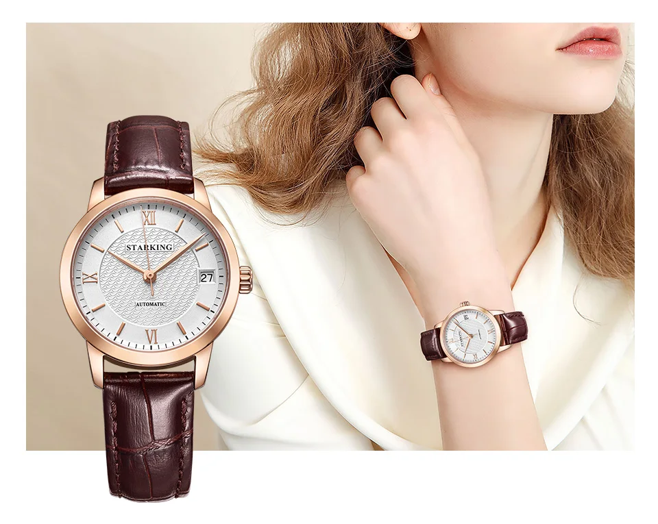 STARKING Relogio Feminino, автоматические женские часы, Топ бренд, роскошные женские часы, Авто Дата, механические Женские часы, белое платье