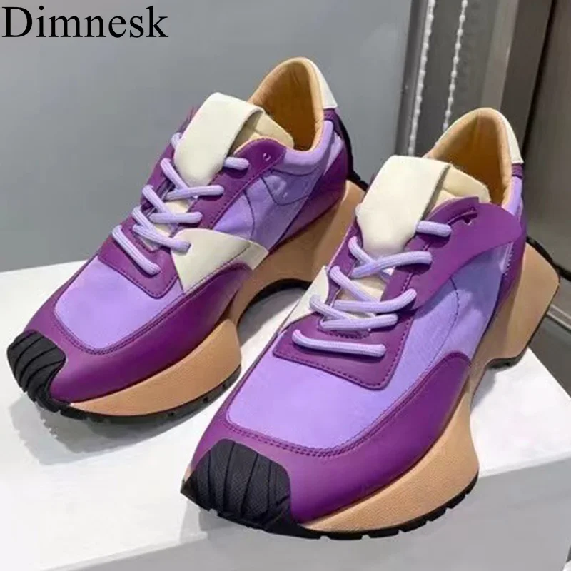 

Spring Flat Thick Sole Casual Shoes Women Patchwork Mixed Color Lace Up Platform Sneakers Ladies Leisure All Match Daddy Shoes