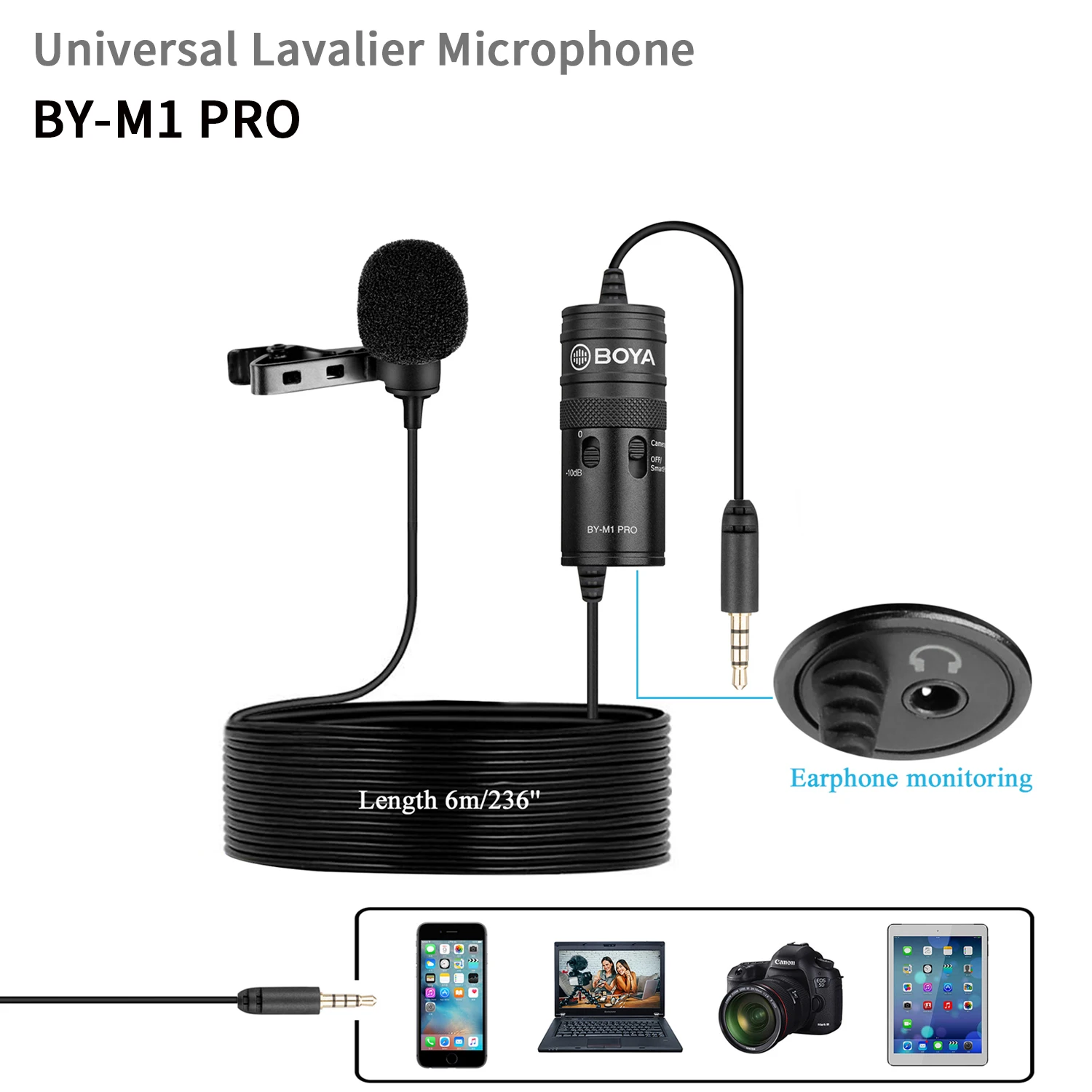 BOYA BY-M1 PRO 6m Omnidirectional Condenser Monitor Lavalier Microphone for Canon iPhone Podcast Nikon Sony iPhone 11 10 8 X 7