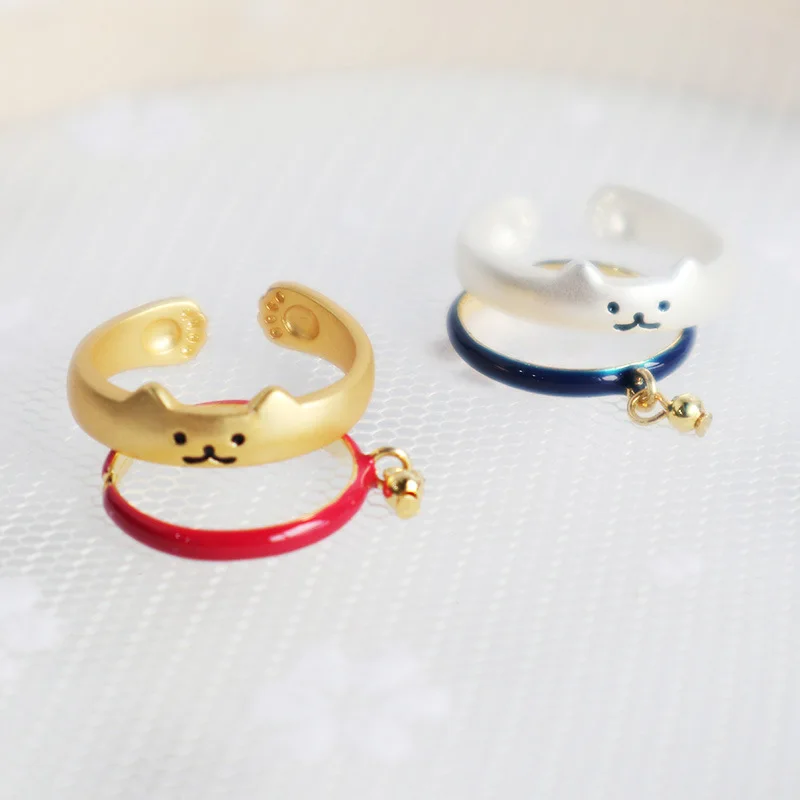 

2021 New 2 Pieces/set of Cute Cat Bell Paw Print Couple Ring Painted Enamel Tail Ring Fashion Trend Jewelry Birthday Gift