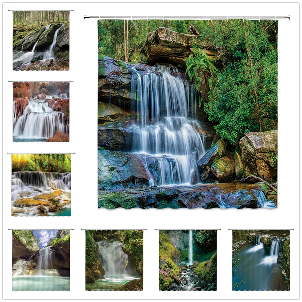 

Waterfall Scenery Shower Curtains Forest Green Plants Nature Landscape Theme Pattern Bathroom Decor Polyester Cloth Curtain Set