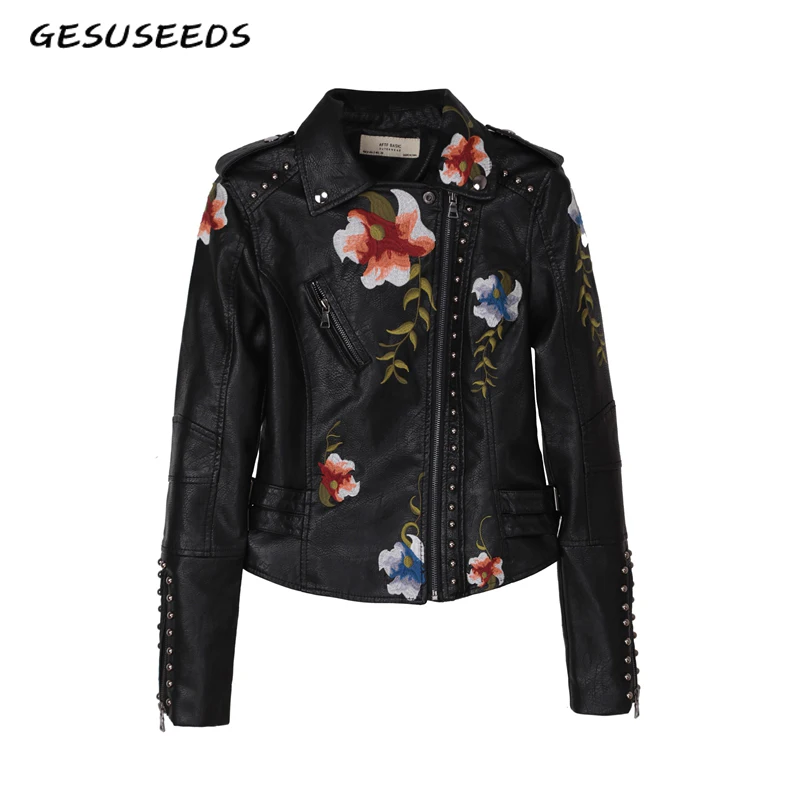 Женская байкерская куртка из искусственной кожи черная на молнии с цветочной