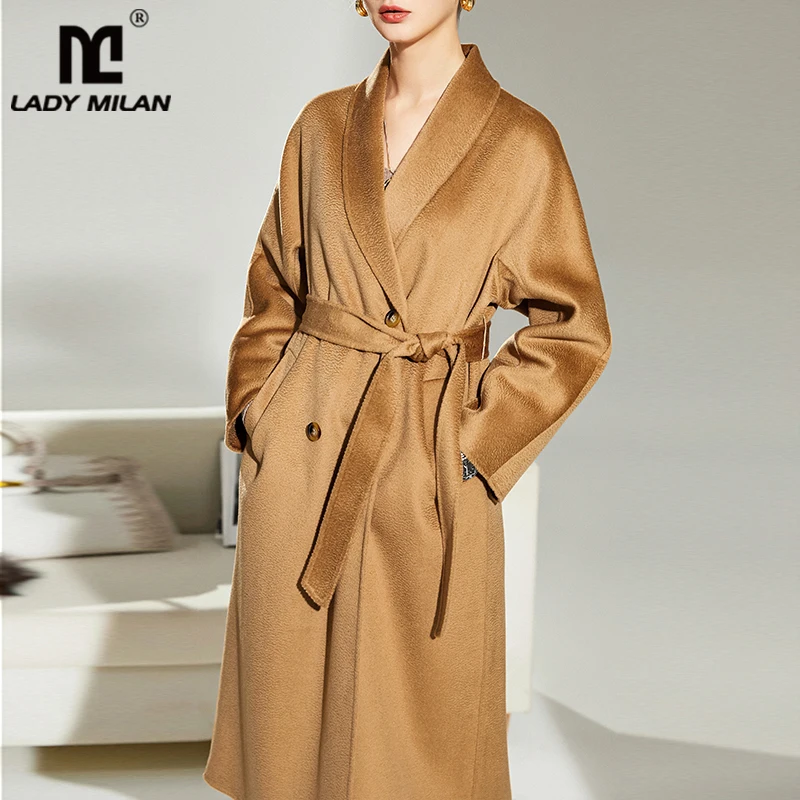

Women's Double Cashmere Wool Coat Turn Down Collar Long Sleeves Side Pockets Fashion Winter Overcoat Outerwear with Belt