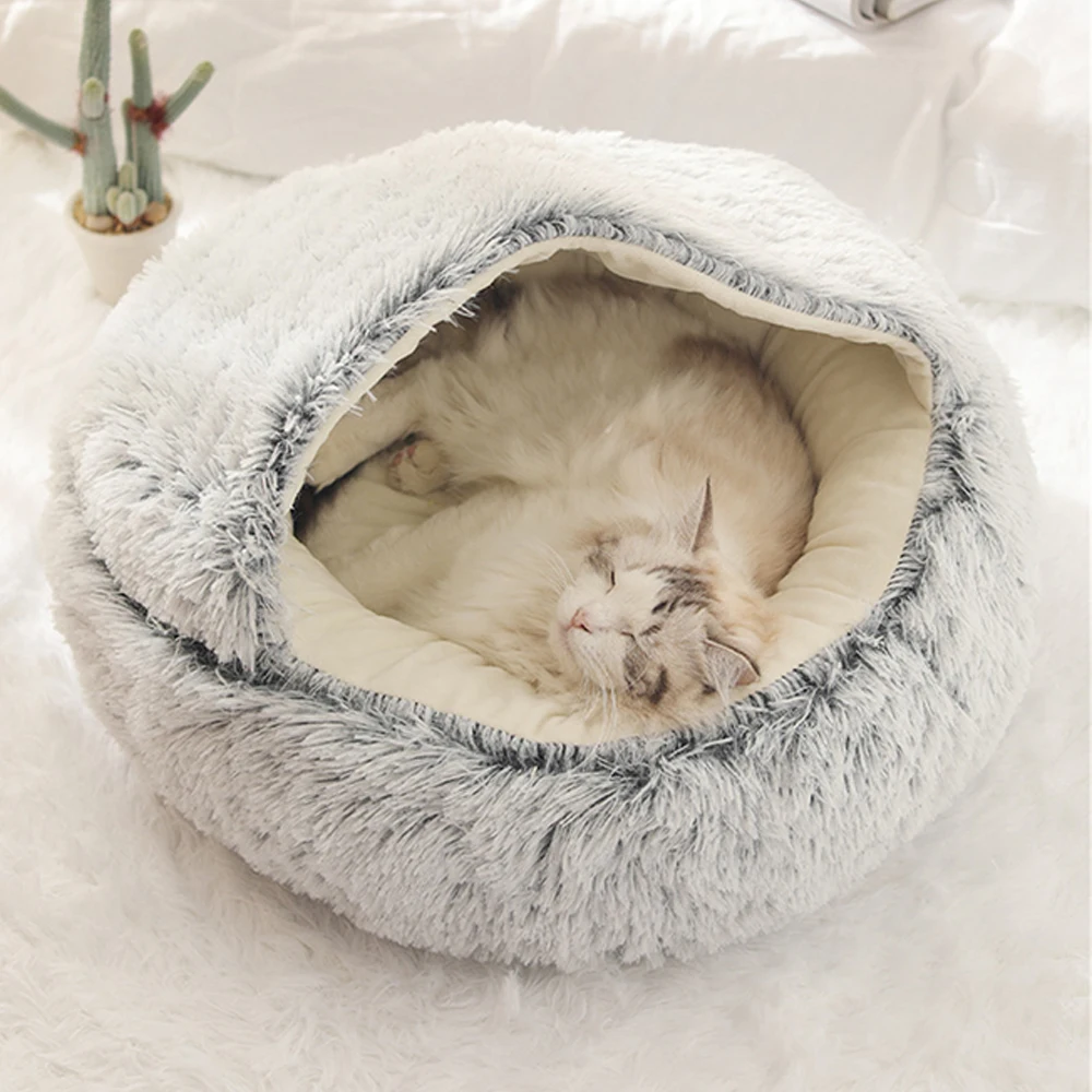 

2-in-1 Round Plush Cat Bed Kitten Cage Cozy Nest Indoor Soft Mat Cave House Kennel Winter Warm Sleep Bag Washable Tent