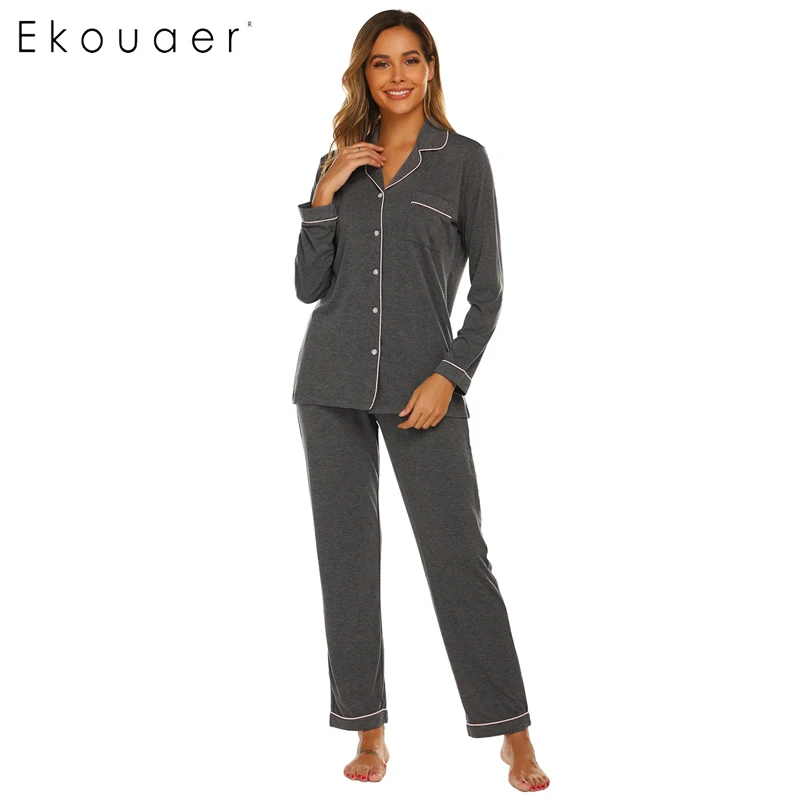 Dark gray Ekouaer пижамы женские с длинным рукавом пижамы мягкие пижамы набор женский сна из двух частей Домашняя одежда Пижамный костюм XS-XXL - Цвет: Dark gray