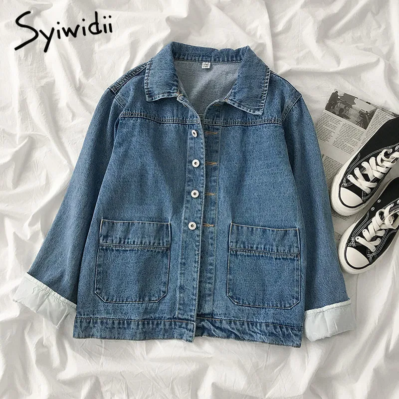 

Syiwidii Jean Jacket for Women 2021 Fall Single Breasted Long Sleeve Korean Coats Casual Turn-down Collar Loose Denim Jackets