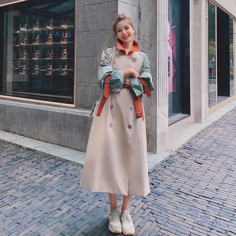 

Женская ветровка 2020, дизайнерское контрастное модное пальто с прострочкой, новое повседневное женское демисезонное пальто средней длины A41