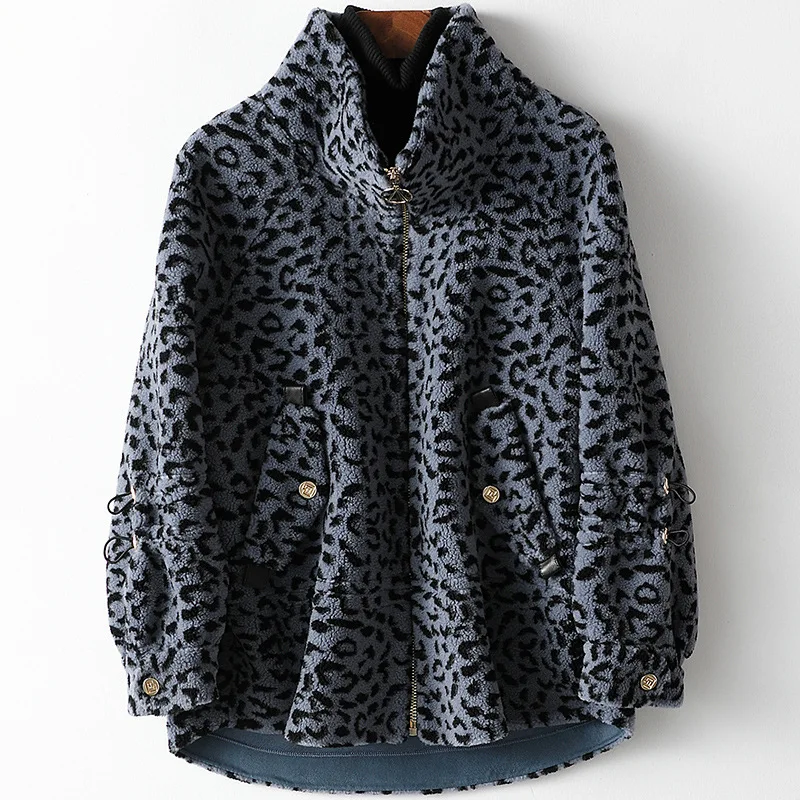 

Women Winter New Wool Fur Coat Jacket Loose Mid Length Jackets Thick Warm Fur Outwear Fashion Leopard Print Wool Blends Coat