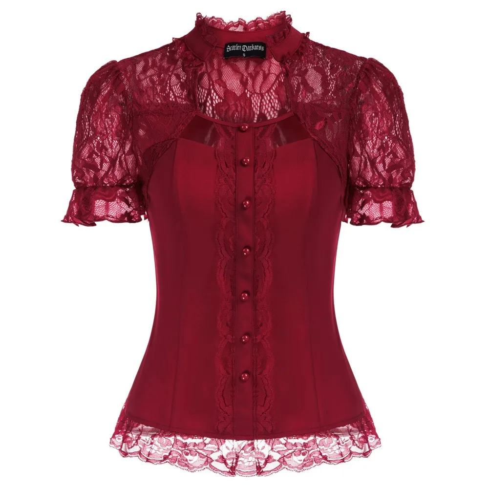 Женская винтажная блузка в стиле стимпанк кружевная с короткими рукавами и