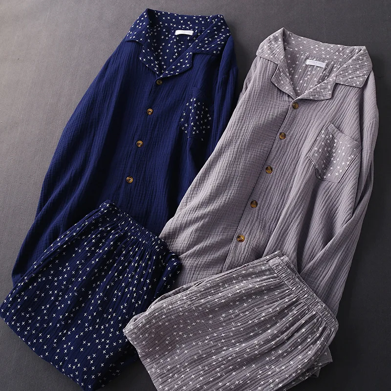 Мужская Осенняя пижама из газовой ткани брюки с длинным рукавом домашняя одежда