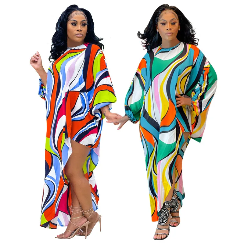 

Geometric Print Lantern Sleeve Irregular Dress Women Spring Fall Asymmetric Hem Pleated Vestido Elegant 2/3 Sleeve O Neck Dress