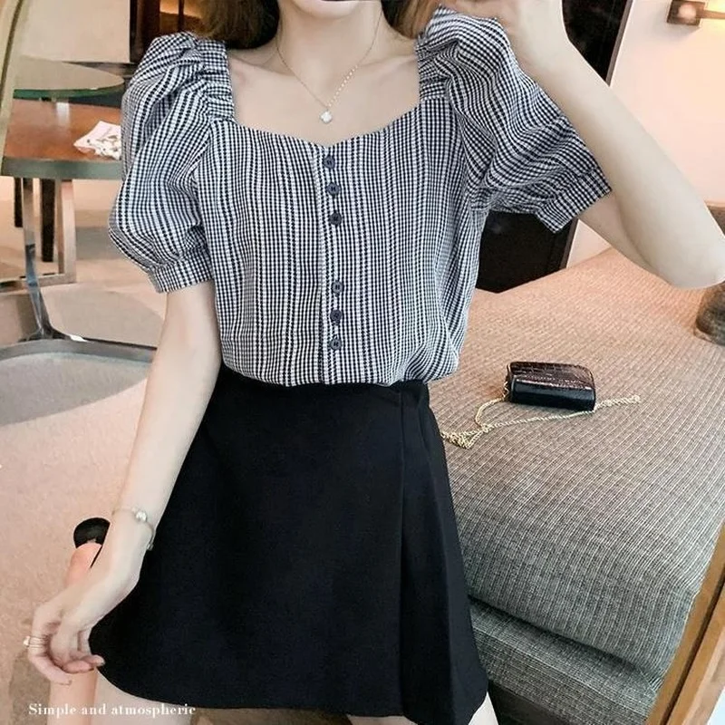 Женские рубашки с квадратным воротником и пышными рукавами повседневные